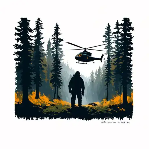 A Silhouette Of A Person In A Forest With A Search And Rescue Helicopter Overhead