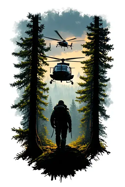 A Silhouette Of A Person In A Forest With A Search And Rescue Helicopter Overhead