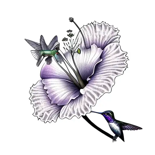 Hummingbird Feeding On A Hibiscus Flower In Purple And Blue