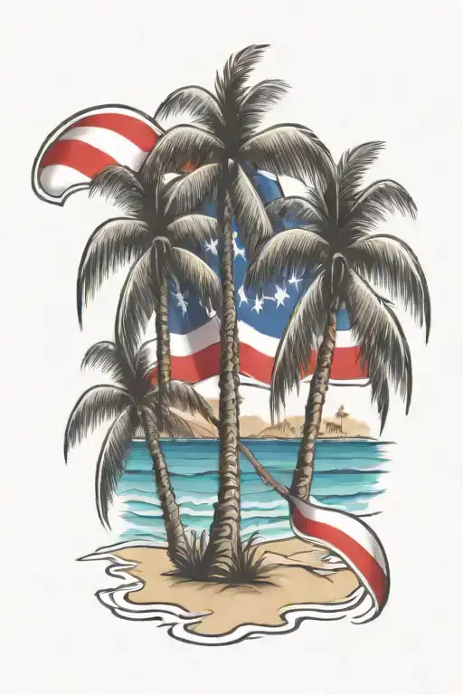 Beach Shore With Palm Trees And Puerto Rican Flag Intertwined