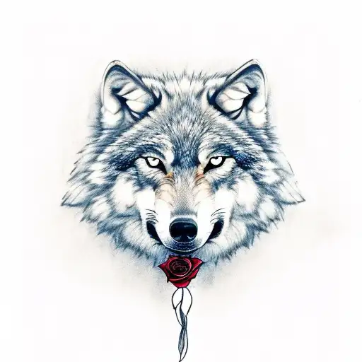 Wolf Holding A Rose In The Mouth