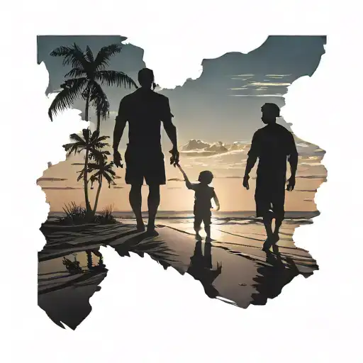 Silhouette Dad And Son On The Beach At Dawn