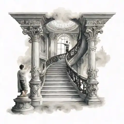 Grand Winding Staircase To Heaven With Little Boy Praying In Front