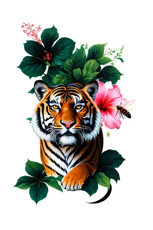 Tiger And Hibiscus Flowers With Bee
