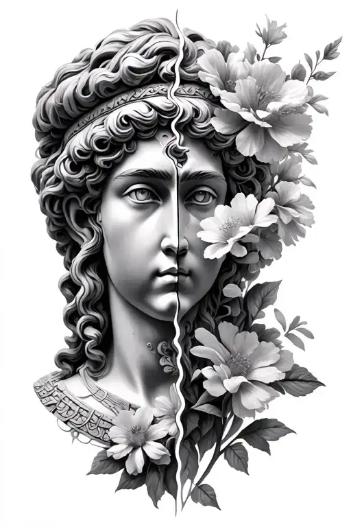 Head Of Ancient Greek God Artemis Greek Goddess Split In Half With Flowers Coming Out