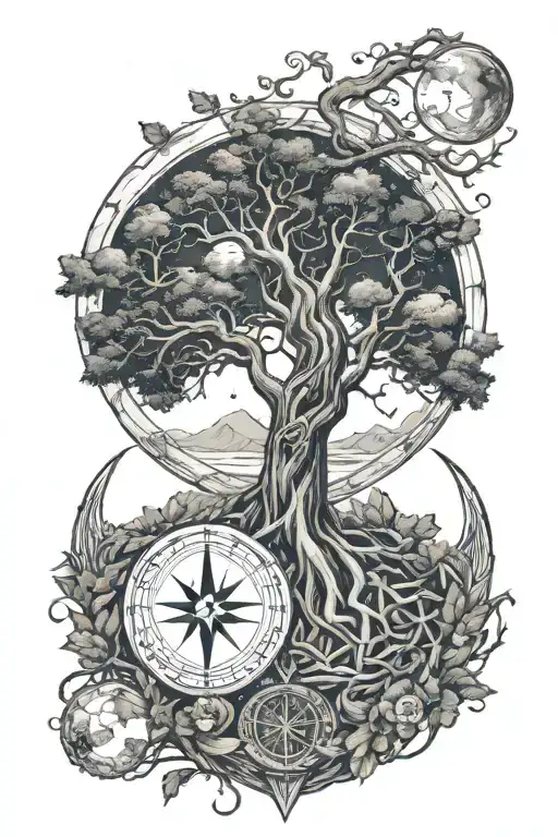 Viking Tree Of Life With A July Birth Moon And Runes Surrounding It And A Nordic Compass
