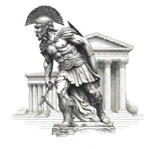 A Tattoo Of A Warrior Statue From Ancient Rome With A Greek Temple In The Background