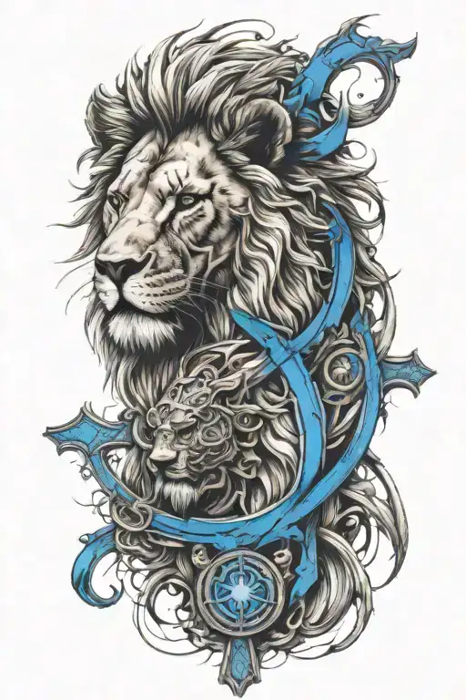 Lion Head With Think Blue Line Cross Surrounded
