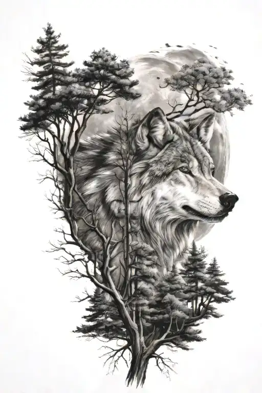 Wolf The Moon And Trees