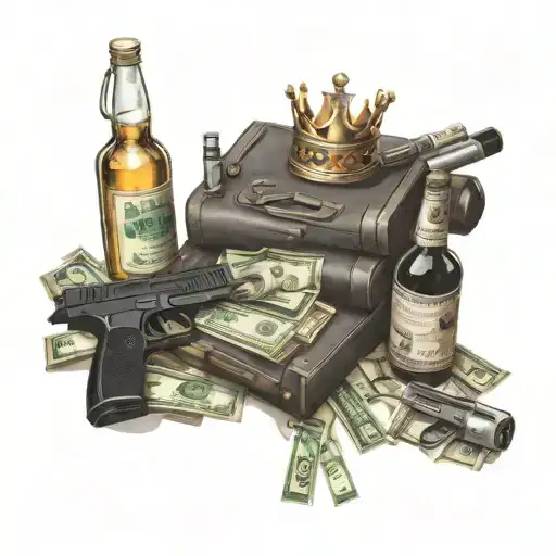 A Stack Of Cash With A Crown On Top Surrounded By Guns And Bottles Of Alcohol