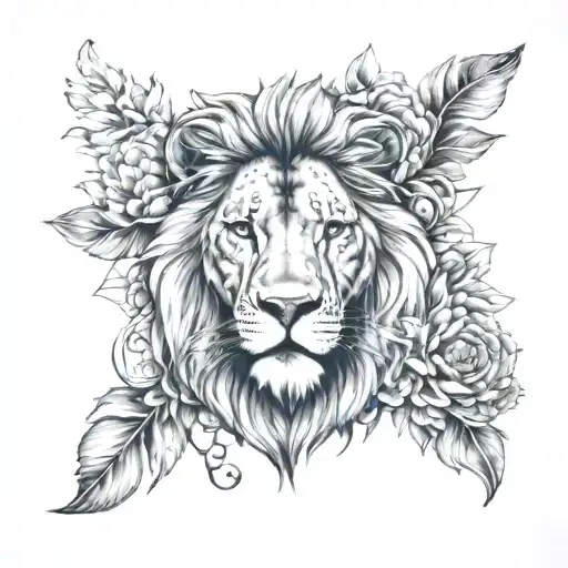 Lion With Flowers And Mandala Design Incorporating