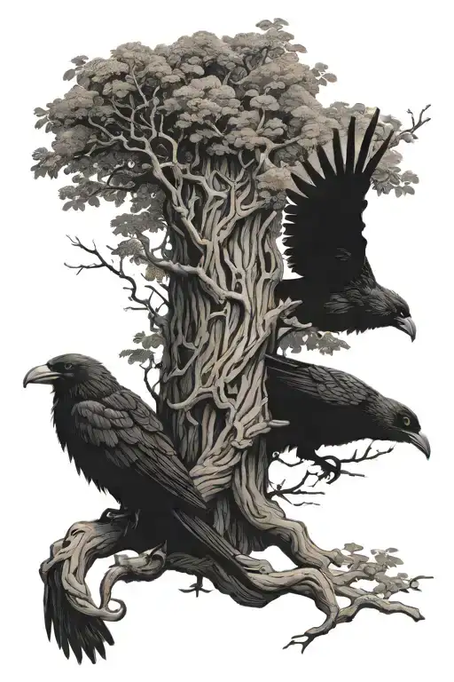 Yggdrasil Tree Hugin And Munin