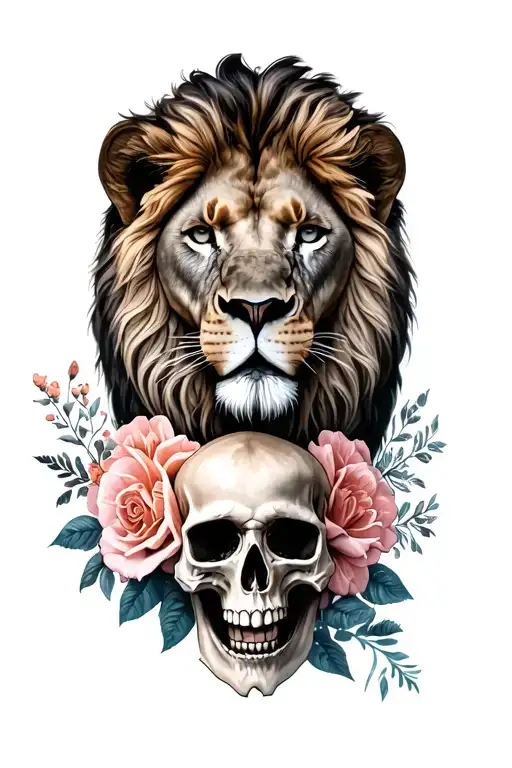 Full Arm Tattoo With A Lion Head A Skull And Flowers