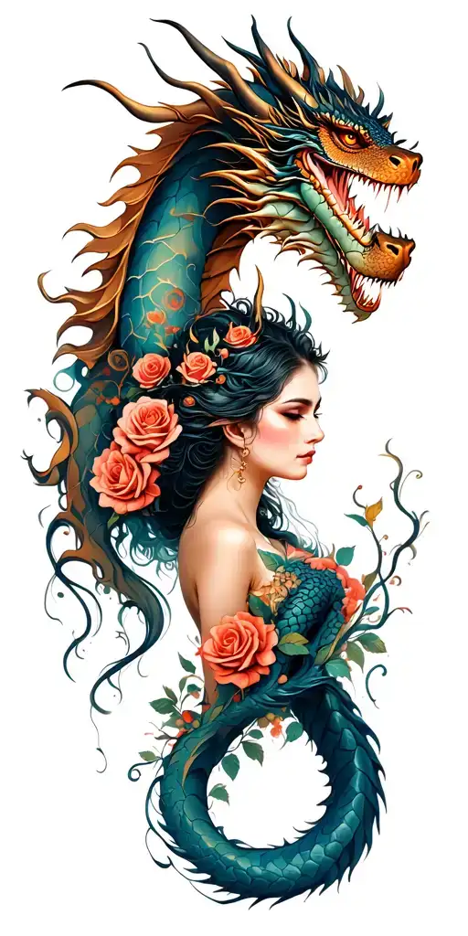 Woman And Dragon With Roses Intertwined