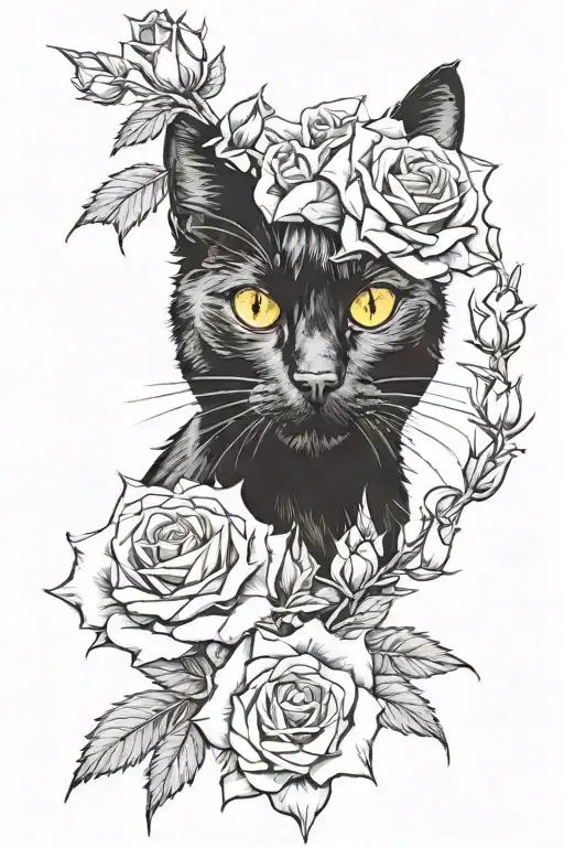 Black Cat Yellow Eyes And Red Roses