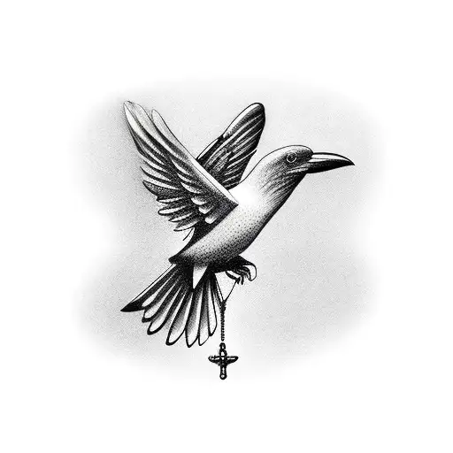 Flying Crow With Rosary Beads In Its Beak