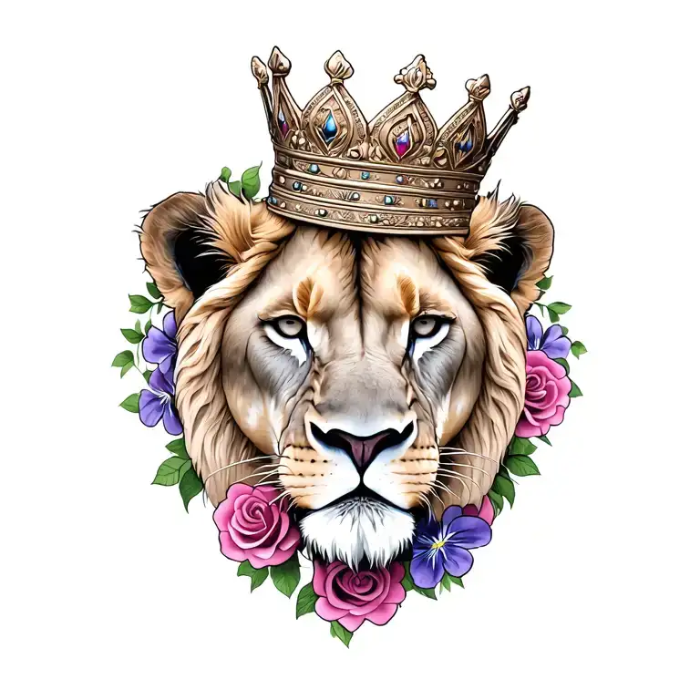 Lioness Wearing A Crown With Roses And Violets
