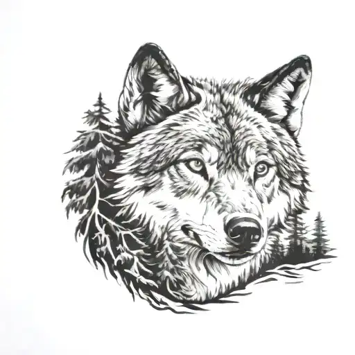 Pine Trees And Wolf Face