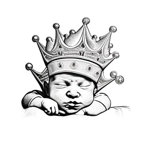 Baby Boy Wear A Too Big Crown Looking Up At A Throne