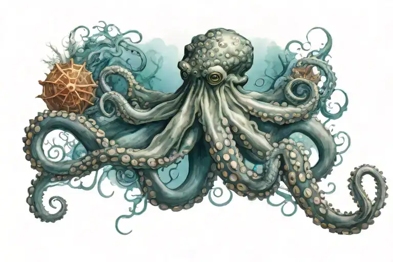 Underwater Ocean Scene With The Main Focus On Octopus And Jellyfish