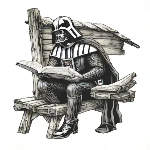 Darth Vader Full Body Holding Open Book Sitting On A Log Cabin Porch