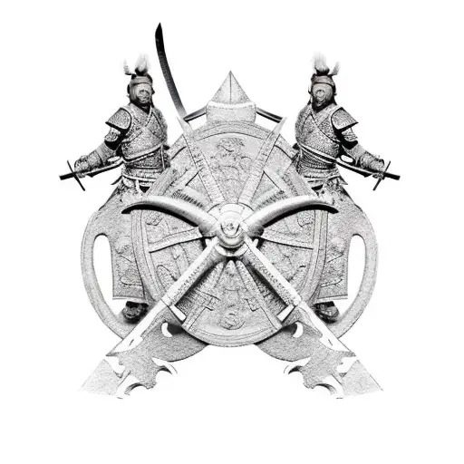 Fierce Samurai And Gladiator Facing Off With Weapons