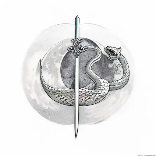 Sword With A Moon On The Hill And A Snake Around The Sword