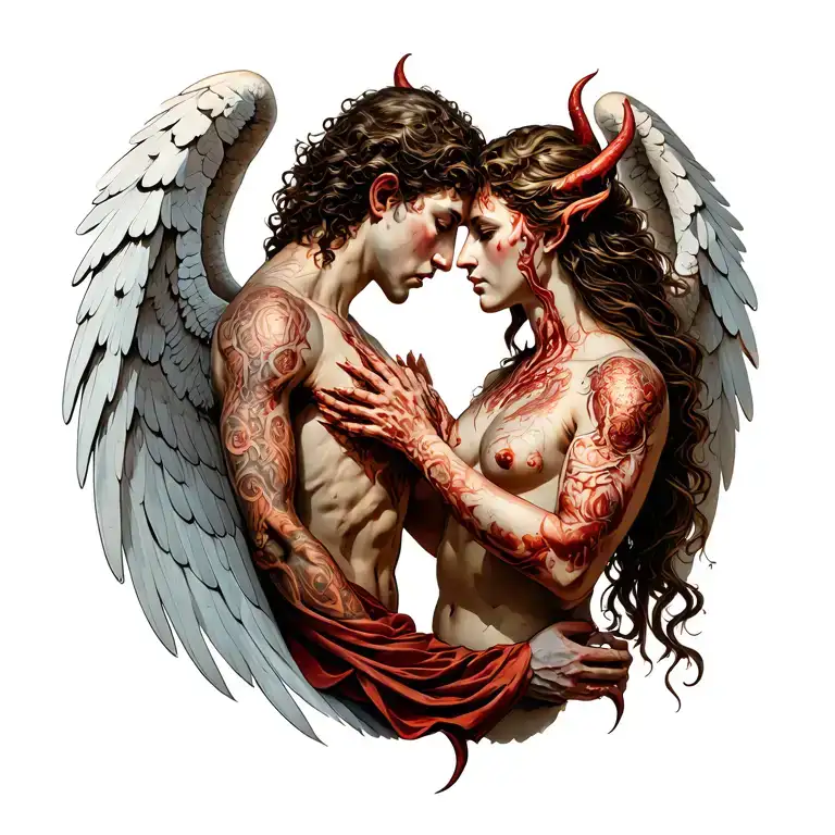 Angel And Demon Embracing Each Other