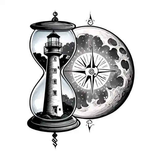Lighthouse In An Hourglass On The Background Of The Moon And Sun With A Compass