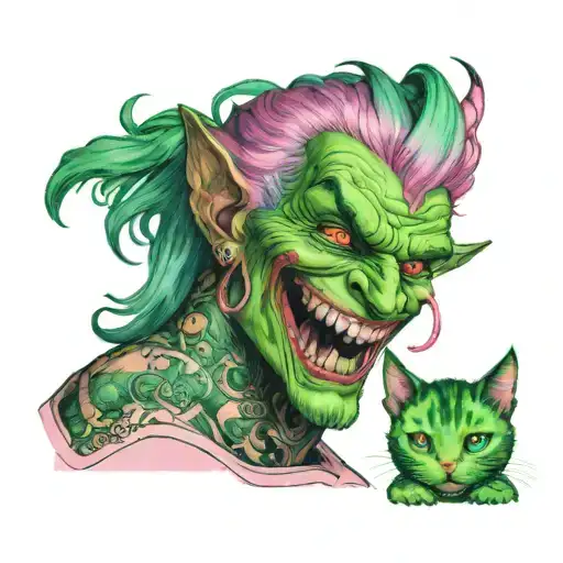 Green Haired Male Demon Smiling Wickedly While Holding A Pink Female Kitten