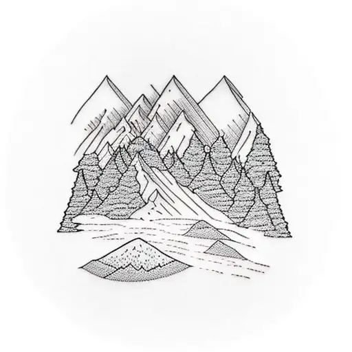 A Blackwork Tattoo Of A Majestic Mountain Range With Hiking Trails