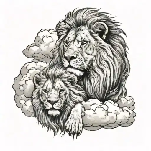 Lion With Little Angel And Clouds
