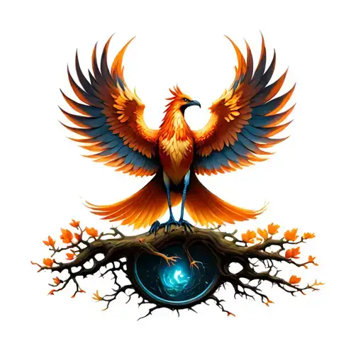 Phoenix Bird With Open Wings Standing In The Tree Of Life