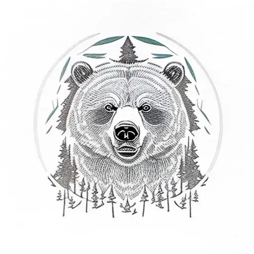 Grizzly Bear In Forest Surrounded By Trees