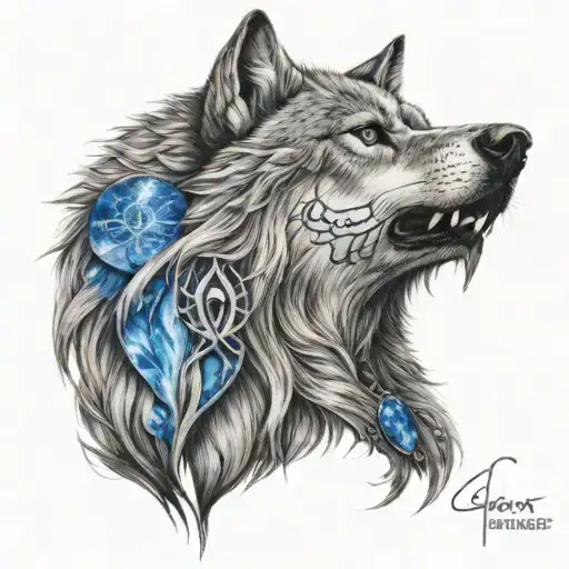Wolf Face With Blue Eyes And Lord Of The Rings Background Built Into The Left Side Of The Face