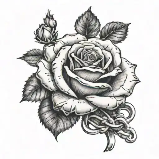 A Realistic Black And White Rose With Handcuffs Wrapped Around Its Stem