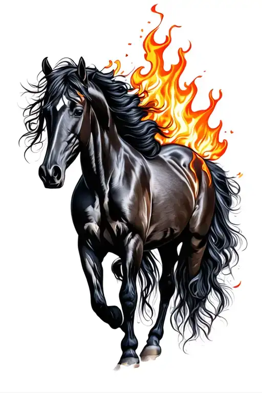 Friesian Horse And Fire Flames