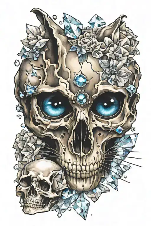 Cat Skull With 3 Eyes Surrounded By Crystals