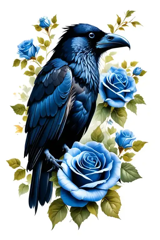 Black Raven With Blue Roses