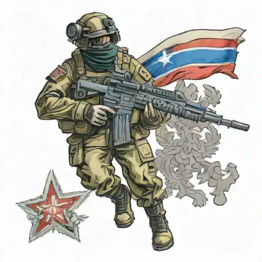 Soldier In A Mask With A Machine Gun In His Hands On His Shoulder A Patch Of The Russian Flag