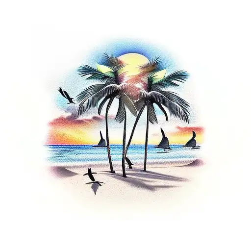 Birds With Palm Trees And Sunset On Beach