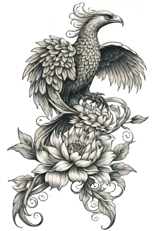 Fierce Phoenix Flying Upward Gaze From Lotus Flower Feature Delicate Ribbons