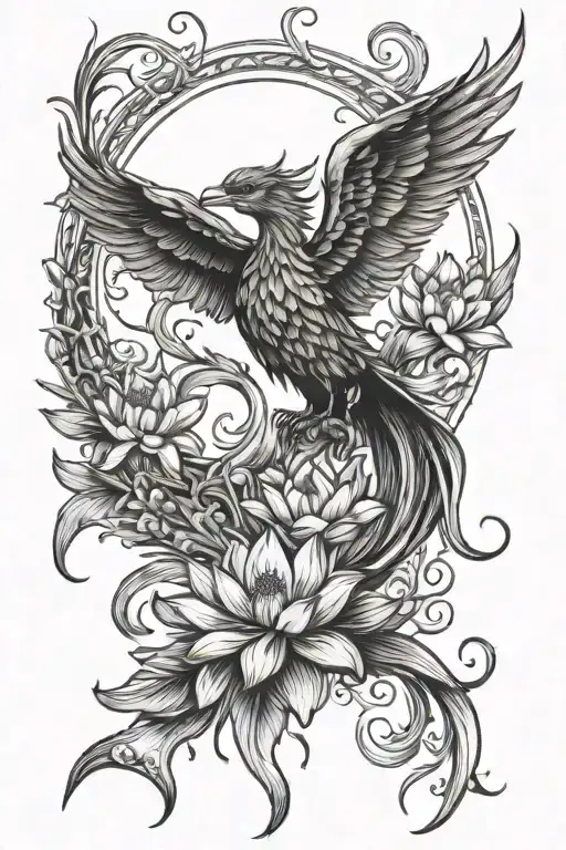 Phoenix Rising From Lotus Flower Feature Delicate Ribbons Fine Line Detail