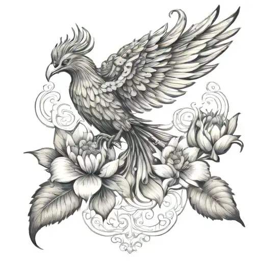 Regal Phoenix Flying From Lotus Flower Feature Fine Line Detail