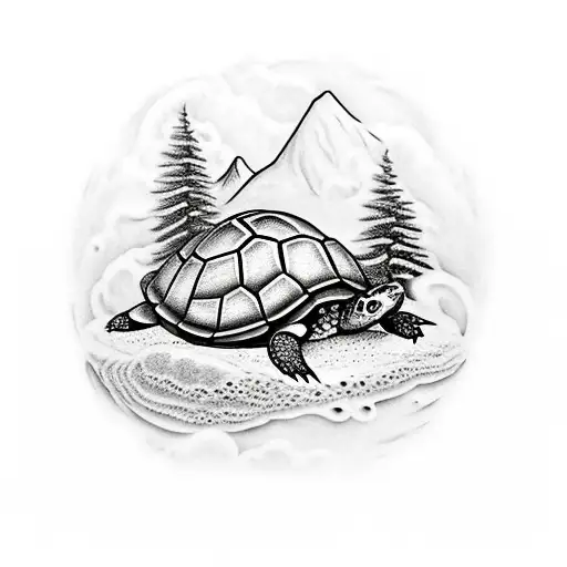 A Mountain Landscape With A Hidden Turtle Camouflaged Within