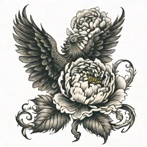 Phoenix Bird Rising Peony Flower Botanical Style