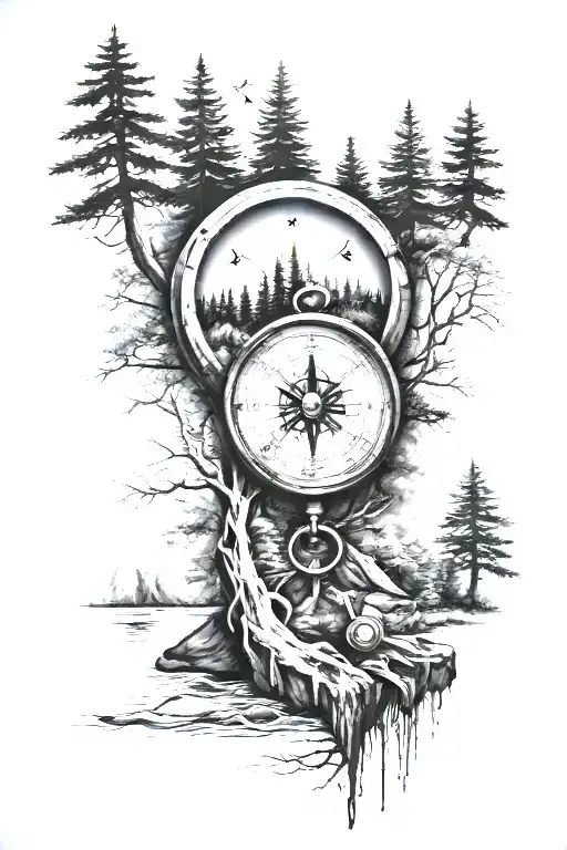 Wilderness With Compass And Trees And River