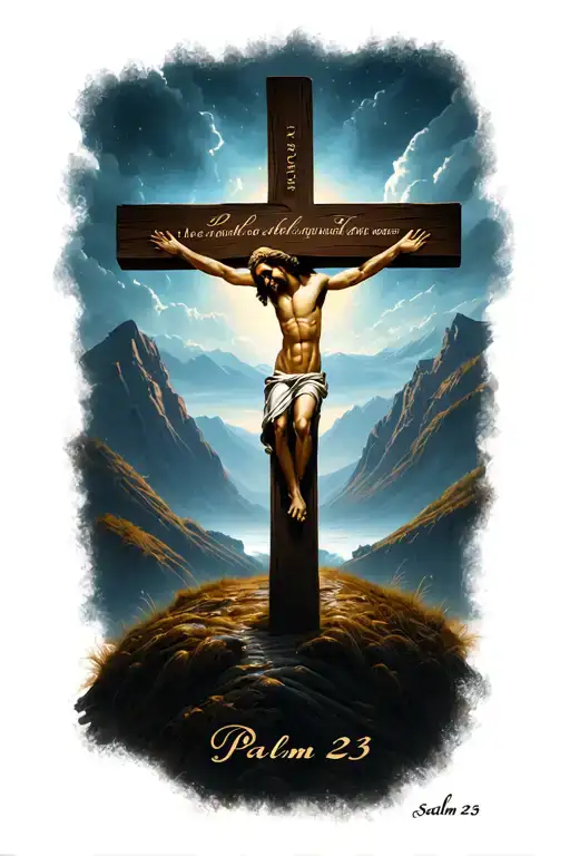 A Cross In A Valley Of Death With Jesus And The Bible Verse Psalm 23