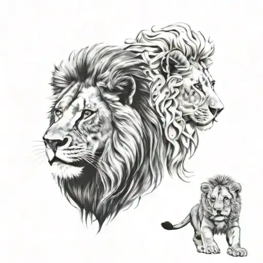 Two Little Human Girls Playing Around A Male Lion