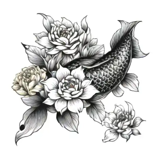 Black Koi Fish Swimming Upstream Surrounded By Flowers Femininity